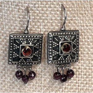 Vintage Antique Sterling Silver 925 Garnet Red Dangle Heirloom Earrings (#14)